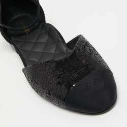 Chanel Black Sequins and Canvas CC Cap Toe Mary Jane Flats Size 39