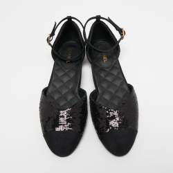 Chanel Black Sequins and Canvas CC Cap Toe Mary Jane Flats Size 39