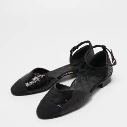 Chanel Black Sequins and Canvas CC Cap Toe Mary Jane Flats Size 39