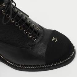 Chanel Black Leather and CC Fabric Cap Toe Chain Wedge Ankle Boots Size 39.5
