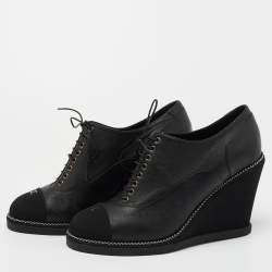 Chanel Black Leather and CC Fabric Cap Toe Chain Wedge Ankle Boots Size 39.5