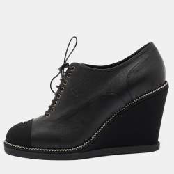 Chanel Black Leather and CC Fabric Cap Toe Chain Wedge Ankle Boots Size 39.5