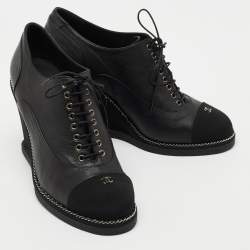 Chanel Black Leather and CC Fabric Cap Toe Chain Wedge Ankle Boots Size 39.5