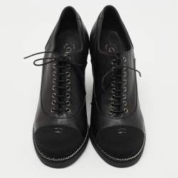 Chanel Black Leather and CC Fabric Cap Toe Chain Wedge Ankle Boots Size 39.5