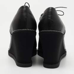 Chanel Black Leather and CC Fabric Cap Toe Chain Wedge Ankle Boots Size 39.5