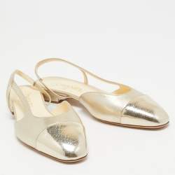 Pre Owned Chanel Gold Leather and Patent Cap Toe CC Slingback Flats Size 39.5