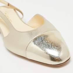 Pre Owned Chanel Gold Leather and Patent Cap Toe CC Slingback Flats Size 39.5
