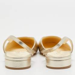 Pre Owned Chanel Gold Leather and Patent Cap Toe CC Slingback Flats Size 39.5