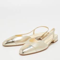 Pre Owned Chanel Gold Leather and Patent Cap Toe CC Slingback Flats Size 39.5