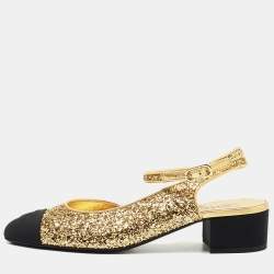 Chanel Gold/Black Coarse Glitter and Fabric CC Cap Toe Slingback Pumps Size  39 Chanel