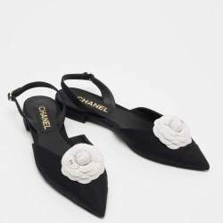 Chanel Black Quilted Canvas CC Camelia Slingback Flats Size 39