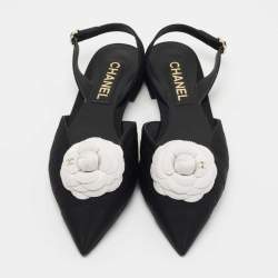 Chanel Black Quilted Canvas CC Camelia Slingback Flats Size 39
