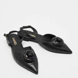 Pre Owned Chanel Black Quilted Leather CC Camelia Slingback Flats Size 39