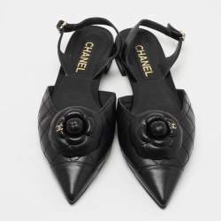 Pre Owned Chanel Black Quilted Leather CC Camelia Slingback Flats Size 39