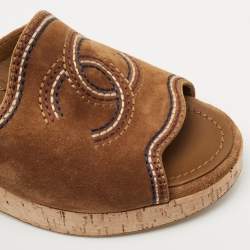 Chanel Brown Suede CC Cork Wedge Slide Sandals Size 38.5