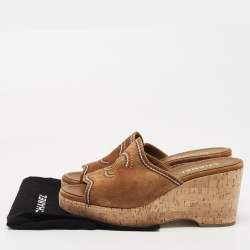 Chanel Brown Suede CC Cork Wedge Slide Sandals Size 38.5