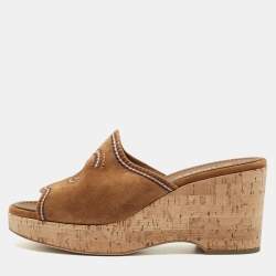 Chanel Brown Suede CC Cork Wedge Slide Sandals Size 38.5
