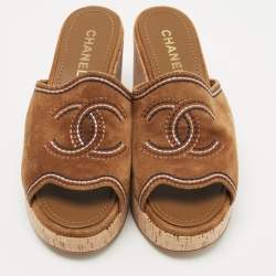 Chanel Brown Suede CC Cork Wedge Slide Sandals Size 38.5