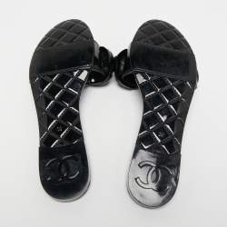 Chanel Black Rubber CC Camellia Flat Slides Size 39