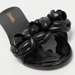 Chanel Black Rubber CC Camellia Flat Slides Size 39