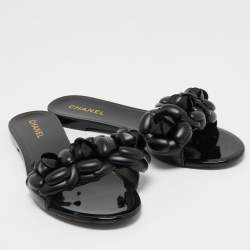 Chanel Black Rubber CC Camellia Flat Slides Size 39