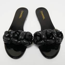 Chanel Black Rubber CC Camellia Flat Slides Size 39