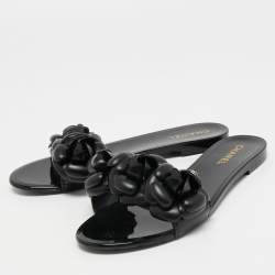 Chanel Black Rubber CC Camellia Flat Slides Size 39