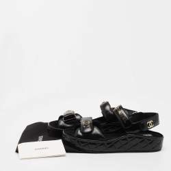 Chanel Black Leather CC Dad Flat Sandals Size 39