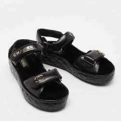 Chanel Black Leather CC Dad Flat Sandals Size 39