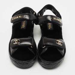 Chanel Black Leather CC Dad Flat Sandals Size 39