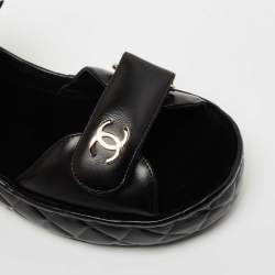 Chanel Black Leather CC Dad Flat Sandals Size 39