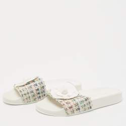 Pre Owned Chanel White Tweed CC Camellia Flat Slides Size 37
