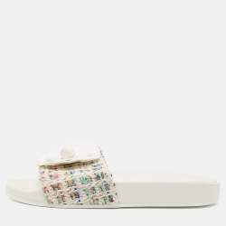 Pre Owned Chanel White Tweed CC Camellia Flat Slides Size 37