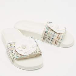Pre Owned Chanel White Tweed CC Camellia Flat Slides Size 37