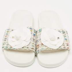 Pre Owned Chanel White Tweed CC Camellia Flat Slides Size 37