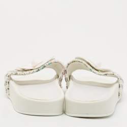 Pre Owned Chanel White Tweed CC Camellia Flat Slides Size 37