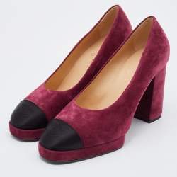 Pre Owned Chanel Burgundy/Black Suede and Fabric CC Cap Toe Platform Pumps Size 40