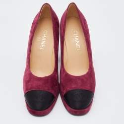 Pre Owned Chanel Burgundy/Black Suede and Fabric CC Cap Toe Platform Pumps Size 40
