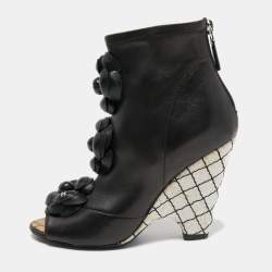 Chanel Black Leather Camellia Ankle Boots Size 37.5