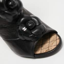 Chanel Black Leather Camellia Ankle Boots Size 37.5