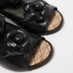 Chanel Black Leather Camellia Ankle Boots Size 37.5