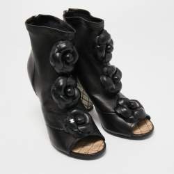 Chanel Black Leather Camellia Ankle Boots Size 37.5