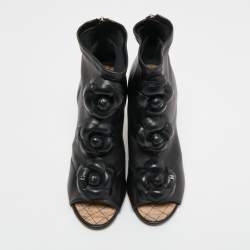 Chanel Black Leather Camellia Ankle Boots Size 37.5