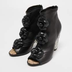 Chanel Black Leather Camellia Ankle Boots Size 37.5