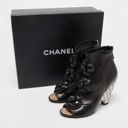 Chanel Black Leather Camellia Ankle Boots Size 37.5