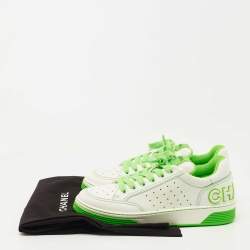 Pre Owned Chanel White/Neon Green Leather 22P Trainer Sneakers Size 38.5