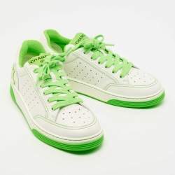 Pre Owned Chanel White/Neon Green Leather 22P Trainer Sneakers Size 38.5