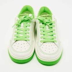 Pre Owned Chanel White/Neon Green Leather 22P Trainer Sneakers Size 38.5