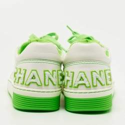 Pre Owned Chanel White/Neon Green Leather 22P Trainer Sneakers Size 38.5