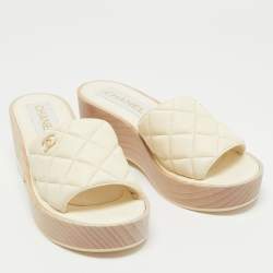 Chanel Cream Quilted Leather CC Platform Slide Sandals Size 39